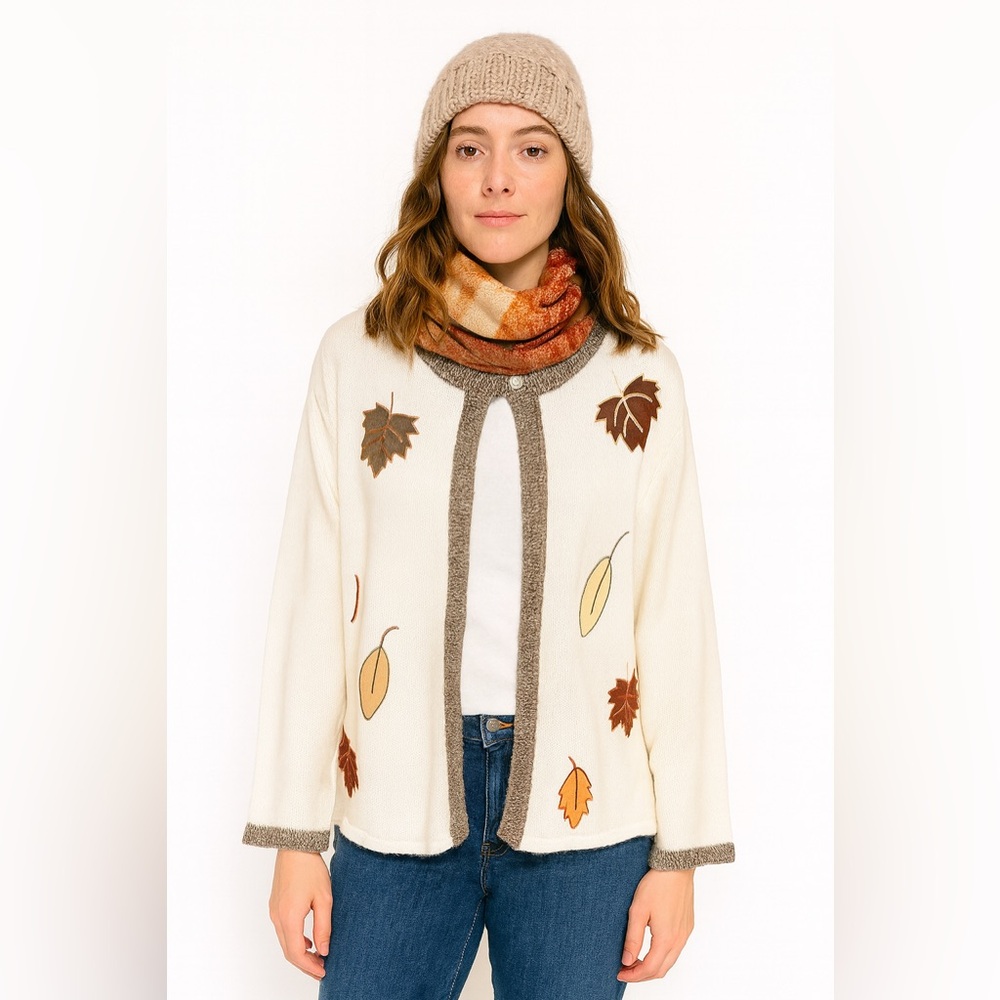 Vtg Leaf AppliquΓ©s Cardigan Sweater